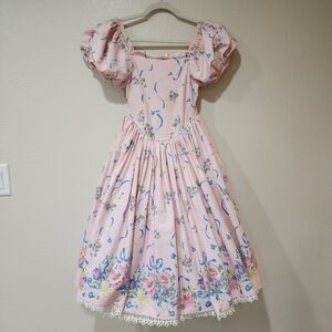 Vintage Daisy Kingdom Floral Dress Puff Sleeve Petticoat Lace Cottagecore size 8